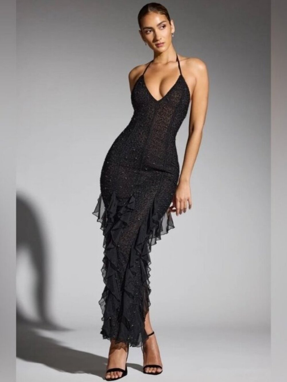 Oh Polly Anley Embellished Halter Neck Ruffle Maxi Dress Black Size 6